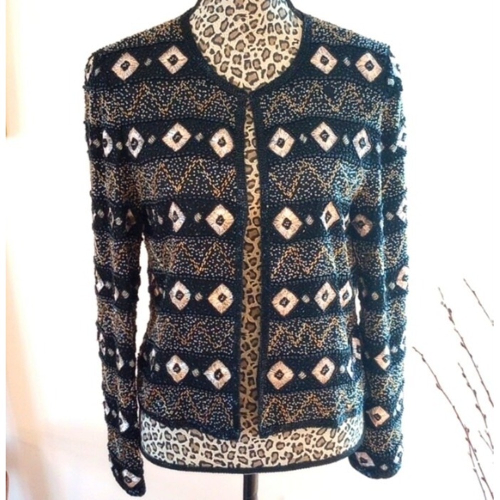 Papéll Boutique Evening Ladies Beaded Silk Jacket Size:S Color:Black&Gold